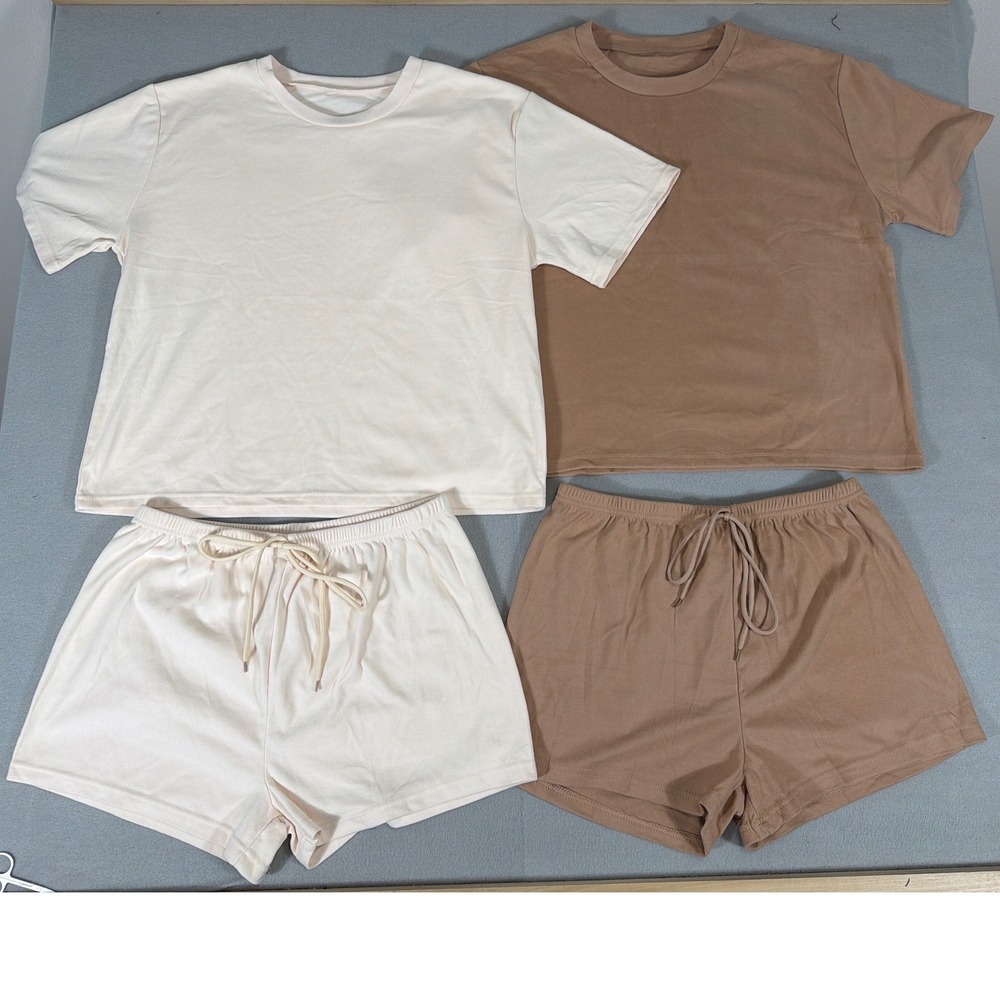 2 Pack Women Lounge Sets T-Shirt and Shorts Cream Tan Neutral XL 1333